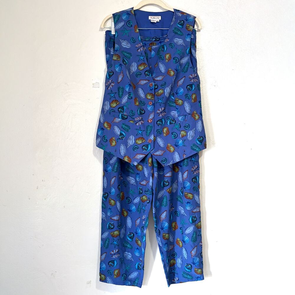 Talbots Vintage Silk Sea Shell Print Vest Pants Set Blue Sz 12